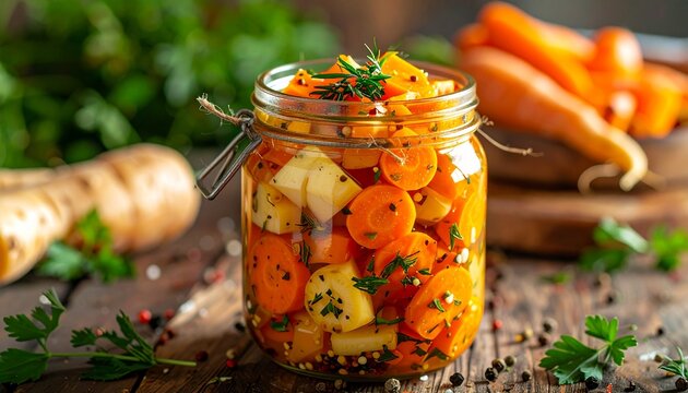 Eingelegtes Wurzelgem&uuml;se im Glas herbstlich