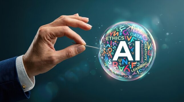 Professional hand with a needle ready to pop a fragile bubble filled with artificial intelligence keywords representing the AI hype.
