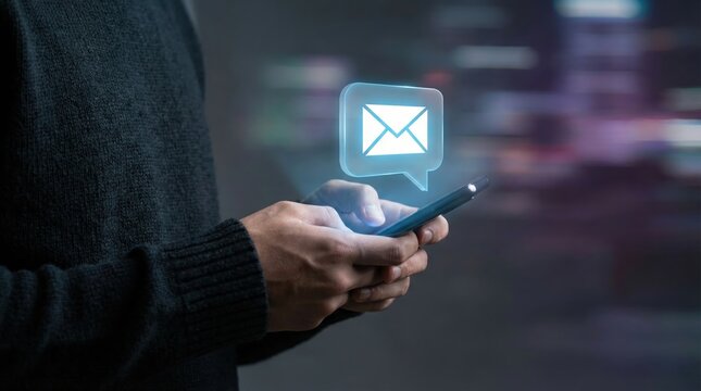 Man using a smartphone with a glowing digital email icon for mobile communication and marketing.
