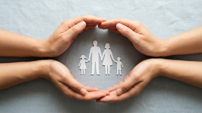 Hands protecting a paper family cutout on a blue background representing insurance and security.