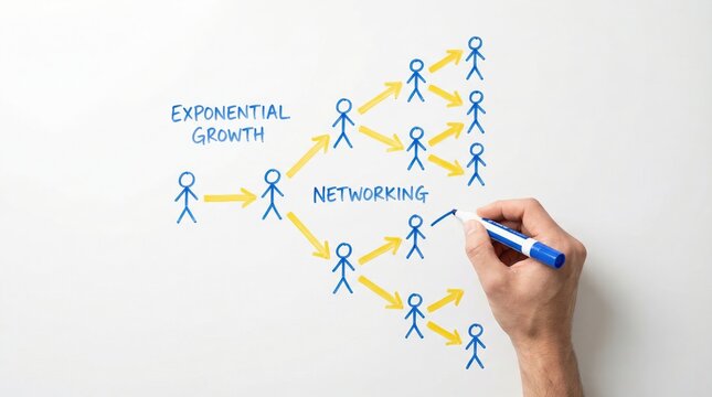Hand drawing a networking diagram on a whiteboard showing exponential growth and viral marketing strategy.