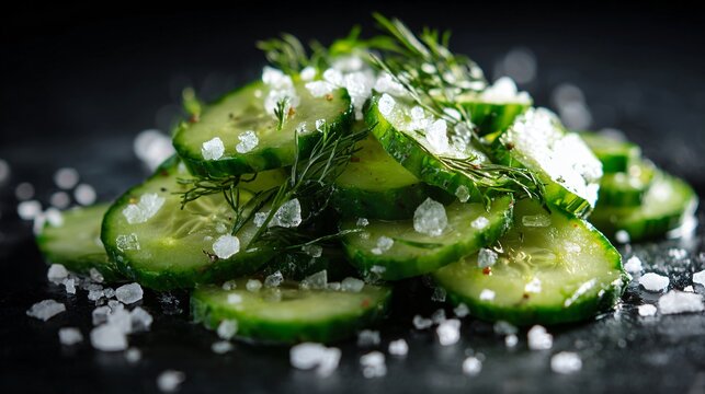 Cucumber dill salad with scattered salt crystals sparkling under light on dark surface