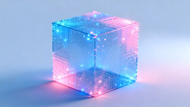 Colorful glowing cube with particles