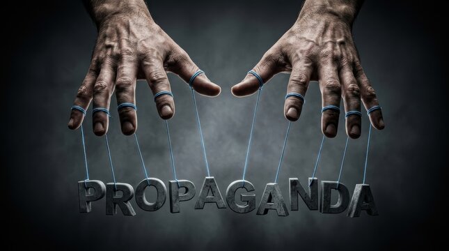 Conceptual illustration of political manipulation and media control showing hands pulling strings on the word propaganda.