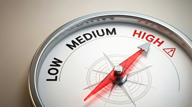 Conceptual gauge with a red needle pointing to high level representing risk management and business performance assessment.