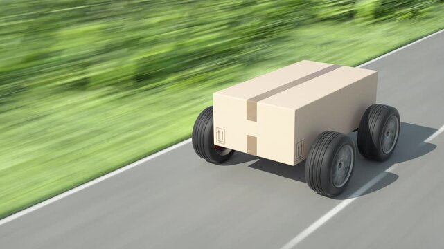 Animation of a package on wheels heading towards the customer.