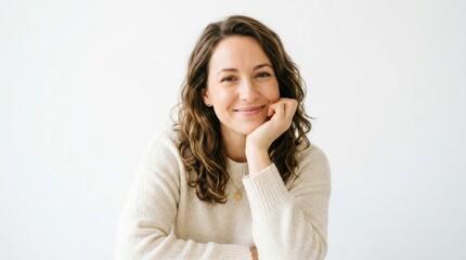 Obraz premium Positive and Confident Mid-Adult Woman Smiling, Posing Thoughtfully with Hand on Chin, Isolated on a Clean White Background for Professional and Lifestyle Concepts