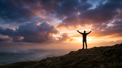 Fototapeta premium Man Silhouette Celebrating Ascension of Jesus Christ on Hillside