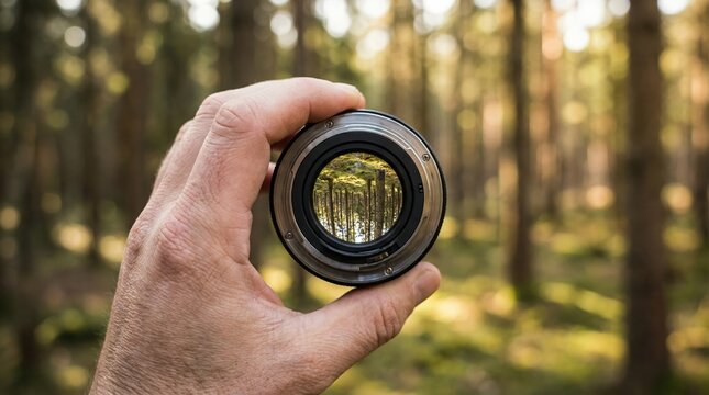 A hand holding a camera lens in a forest showing a creative inverted perspective of the trees.
