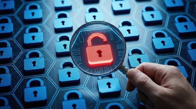 A hand holding a magnifying glass reveals a red unlocked padlock representing a cybersecurity breach or data vulnerability.