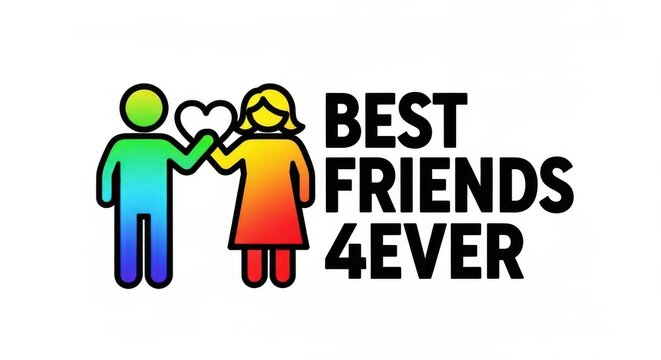 Best friends 4ever text with colorful male and female icons holding a heart isolated on white background