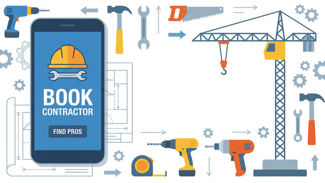 Contractor booking mobile application for finding and hiring professional construction workers with tools crane helmet and equipment for residential and commercial project management