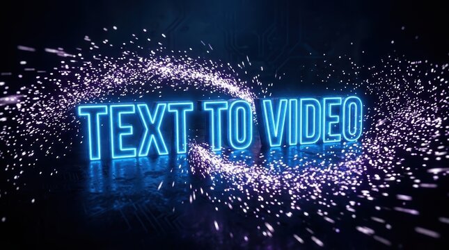 3D neon text to video concept representing artificial intelligence and generative digital content creation.