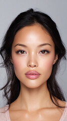 Naklejka premium a clean symmetrical front facing studio portrait emphasizing smooth skin texture, plump lips and neutral lighting, with a modern beauty aesthetic and minimal background 