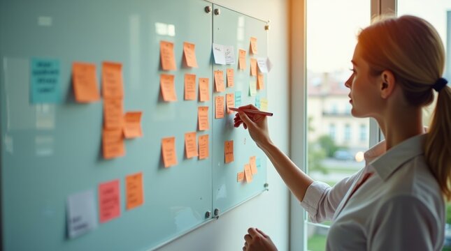 Una mujer profesional planifica su estrategia con notas adhesivas de colores vibrantes en una pizarra de cristal
