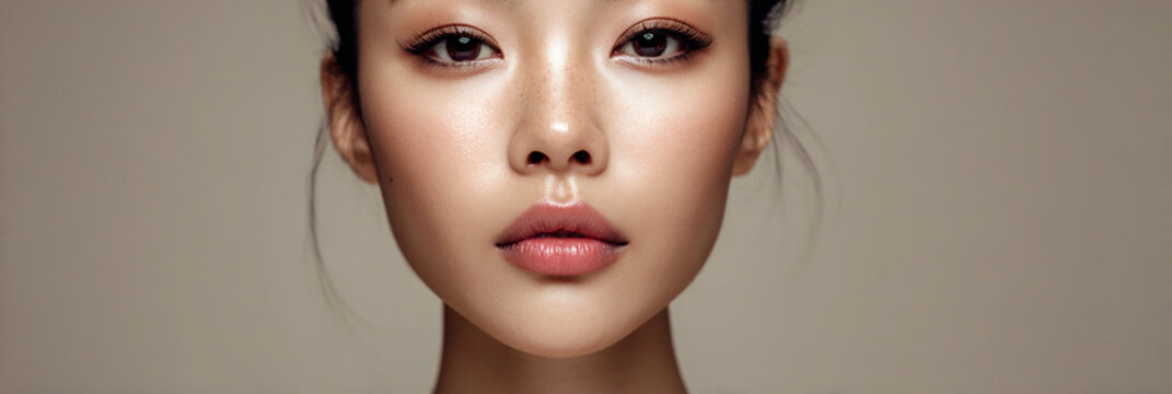a clean symmetrical front facing studio portrait emphasizing smooth skin texture, plump lips and neutral lighting, with a modern beauty aesthetic and minimal background 