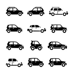 Obraz premium Overhead view of stylized black and white car and suv silhouettes arranged in a minimalist grid pattern on a white background, transport design concept