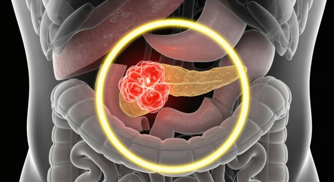 3D Illustration Of Pancreatic Cancer Tumor In Human Abdomen