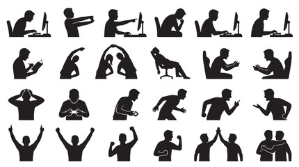 Obraz premium Gaming Lifestyle Training Routine Silhouettes Set Pack, Editable Vector Stroke Illustrations. containing silhouette, vector, illustration, graphic, design, people, office, gaming and more silhouettes