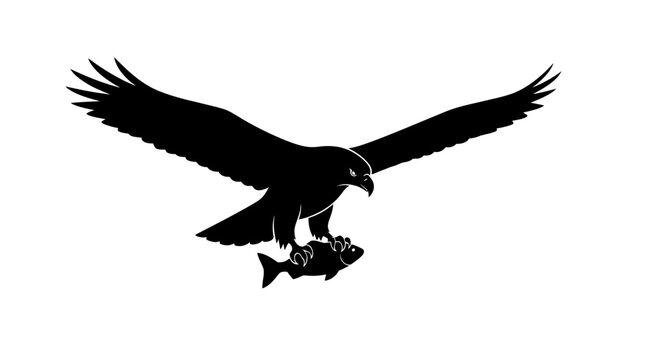 Silhouette of an eagle carrying a fish in its talons