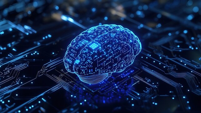 Abstract conceptual digital art, the fusion of the human brain and quantum computer chips, flowing binary code particles, and the future convergence of biological intelligence and computing hardware.
