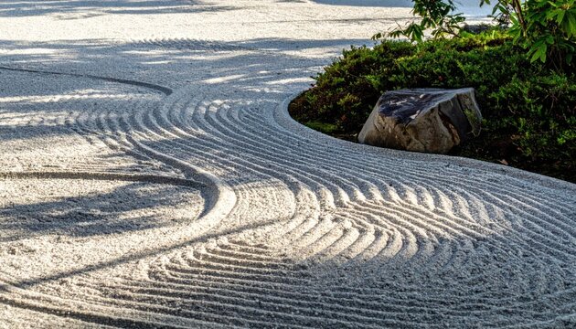 Zen Garden Raked Sand Waves with Rock and Greenery.