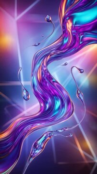 Vibrant liquid shapes flow in slow motion with glossy reflections on background