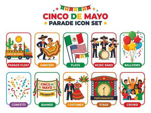 Cinco de Mayo Parade Icon Set Featuring Festive Elements and Cultural Celebrations