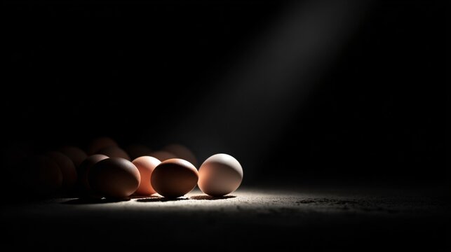 Dark background with eggs illuminated by narrow beam of light, high contrast minimalism
