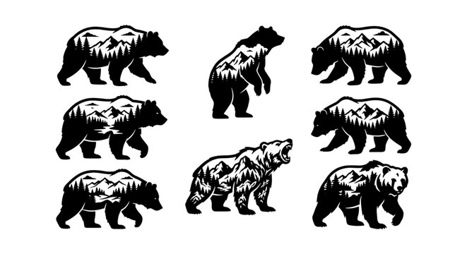 a set of black and white vector bear silhouettes with various poses including standing walking and turning around