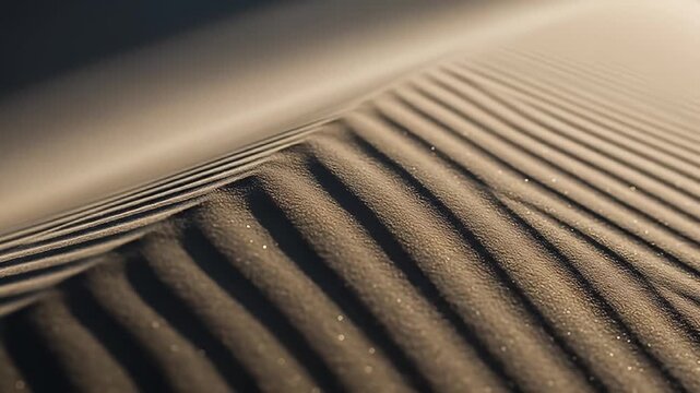 Close-up of a sand dune's ridged surface illuminated with golden light, casting dark shadows