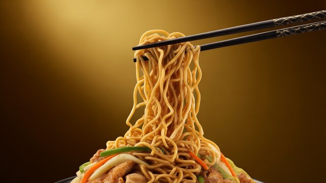 Hakka Noodles Lifted with Chopsticks with Copy Space Above for Asian Food Advertising and Dynamic Motion Concept


