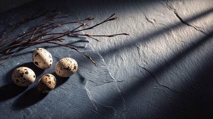 Obraz premium Dark moody Easter scene on charcoal slate, quail eggs scattered with fine texture detail, a single branch casting shadows across the surface, strong directional lighting, dramatic contrast