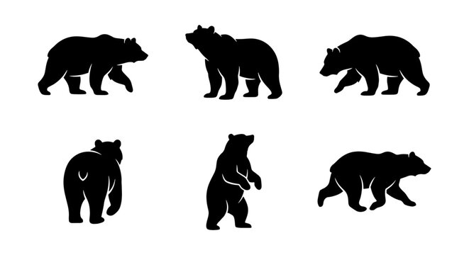 vector silhouette icons pack: black and white bear silhouettes various poses
