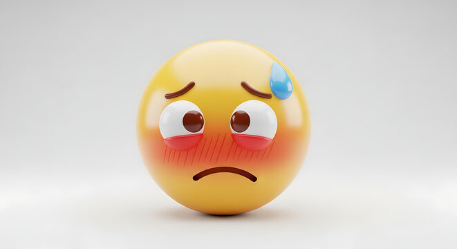 A 3D rendered yellow emoji character depicting feelings of intense anxiety, stress, and embarrassment, with flushed red cheeks and a bead of sweat, conveying discomfort and worry