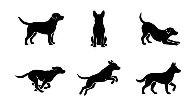 a set of six black and white vector illustrations featuring various poses and breeds of dogs including a Doberman Pinscher Rottweiler Chihuahua