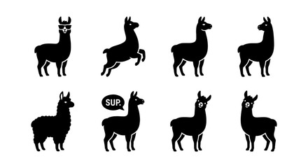 a set of eight black and white llama silhouettes one with a speech bubble saying 'SURF' all on a plain background © Ahsan