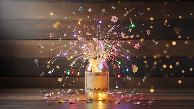 Glass jar with colorful explosion of light and particles creative energy concept 
