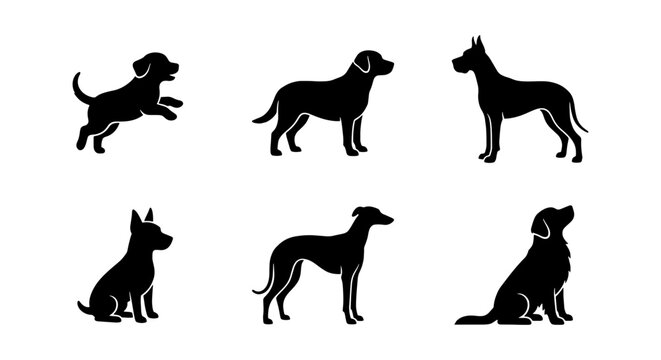 Diverse Dog Silhouettes Collection, Canine Poses Vector Set, Pet Animal Icons for Design