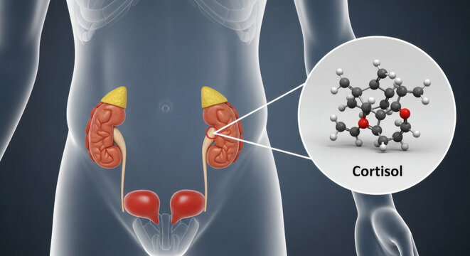 Cortisol hormone molecule and adrenal glands in human anatomy illustration