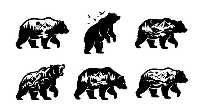 Bear Silhouette Vector Icons, Wildlife Nature Scenes, Mountain Landscapes, Forest Elements, Animal Graphics, Outdoor Adventure Themes