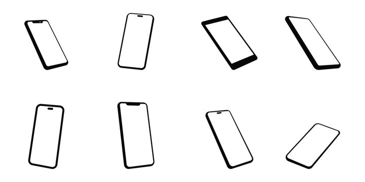 Set of smartphone outline icons in different angles and positions. Minimal black line vector illustration isolated on transparent background.