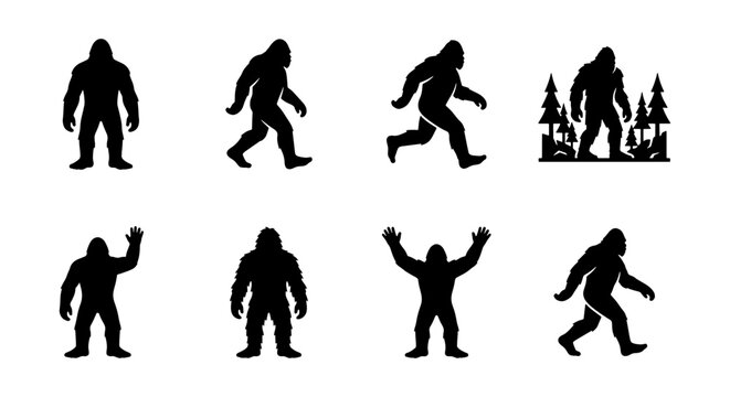 Bigfoot Silhouette Collection, Sasquatch Icon Set, Cryptid Vector Graphics, Mythical Creature Illustrations, Forest Dweller Silhouettes
