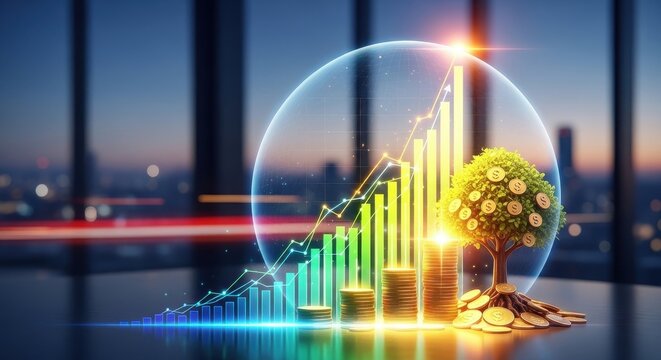 Financial growth concept with rising bar graph inside transparent protective dome shield next to golden coin stacks and money tree against blurred city skyline at sunset for investment security