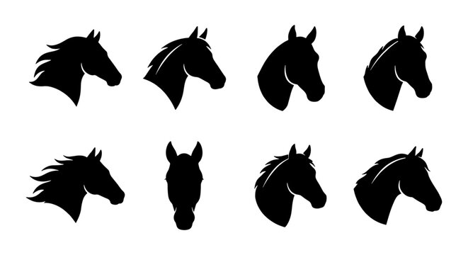 Set of 8 Horse Head Silhouettes, Equestrian Vector Icons, Animal Profile Graphics, Majestic Equine Head Illustrations, Black and White Horse Art
