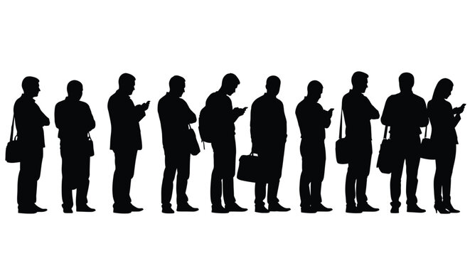 Silhouettes of professional business people waiting in a long line while looking at their mobile phones