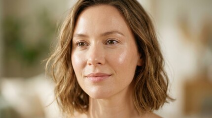 Fototapeta premium Portrait of a beautiful young woman with healthy, glowing skin and natural makeup, looking serene and confident with a gentle smile, showcasing radiant beauty and wellness.