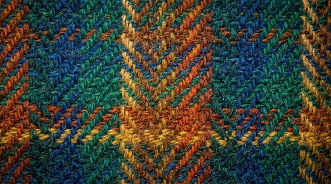 Textured Tweed herringbone fabric close full frame vivid multicolour woven pattern studio sidelight background photorealistic 8K professional commercial background seamless clean stock
