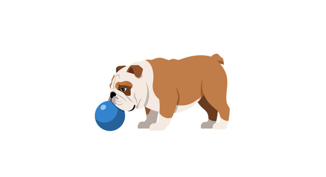 English bulldog playing with a blue ball on a white background