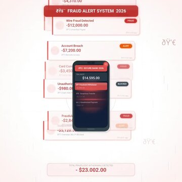 Digital interface displaying a fraud alert system with various financial security breaches and monetary losses.